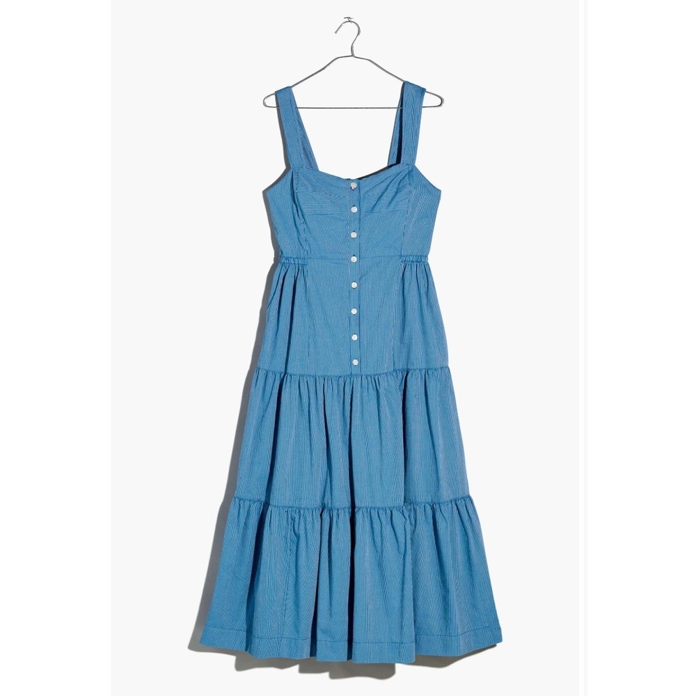 Madewell Blue‎ Pinstripe Tiered Midi Dress Button Front Cotton NK424 Womens 14